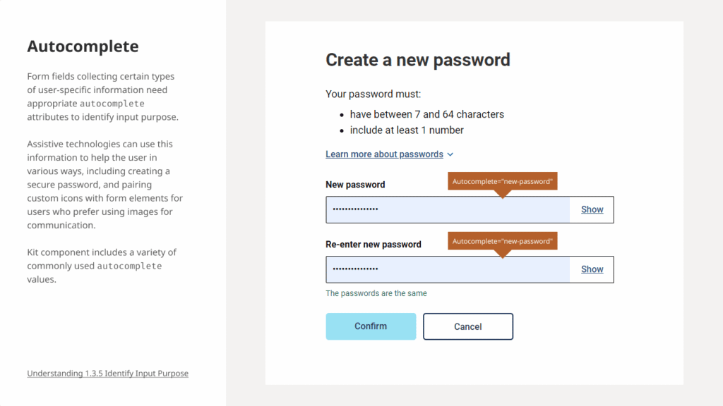 Design annotations on a form for creating a new password