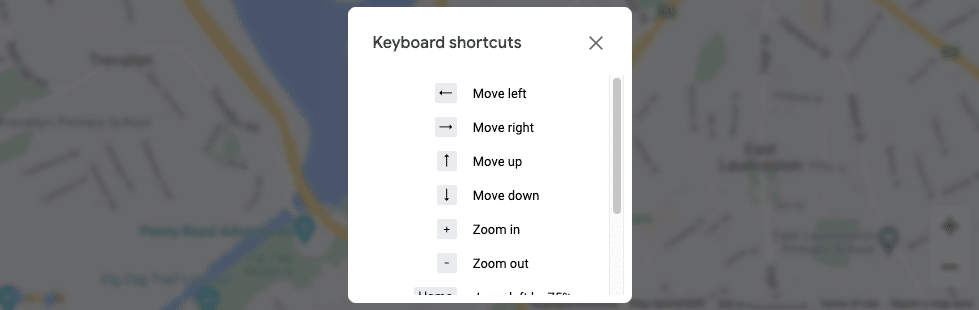 Google maps presents keyboard shortcuts in a modal.